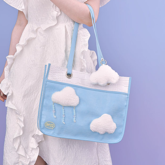 Pastel Sky Blue Collecting Clouds Fluffy Cute Plush Leather Women Messenger Shoulder Large Capacity Tote Bag