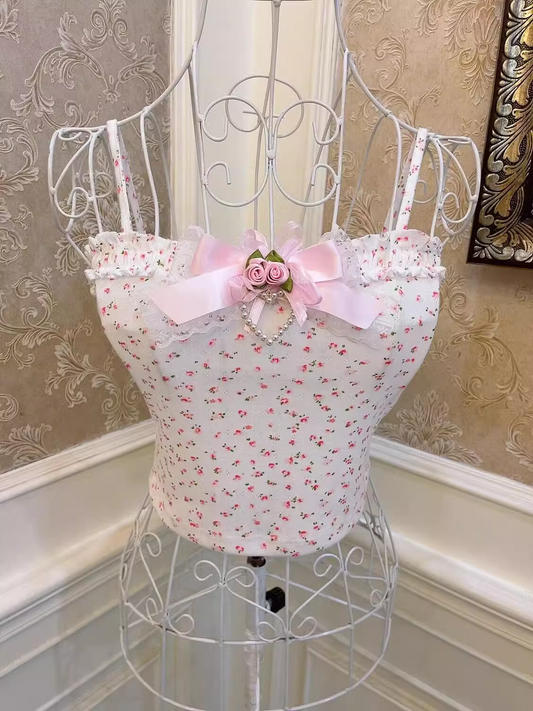 Sweetheart Princess Rose Floral Print White Pink Bow Vintage Coquette Tank Top Strap Camisole