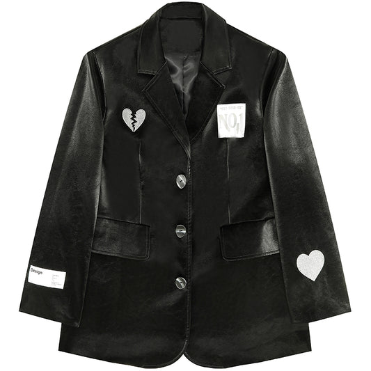 Heart Love Embroidery PU Spring Autumn Fall Winter Fashion Vintage Classic Black Jacket Suit
