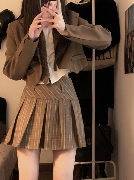 Dark Academia Classic Elegant Student Girl Sweet Autumn Brown & Black Suit Jacket Long Sleeve Shirt Plaid Pleated Skirt Three Piece Set