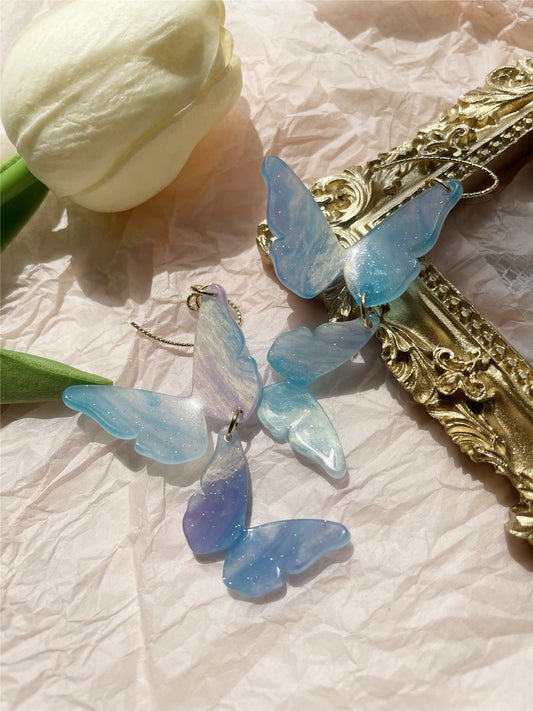 Fantasy Dreamy Blue Symphony Butterfly Long Beautiful Women Earrings Earclips