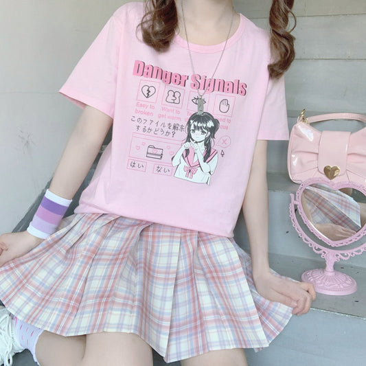 Danger Signals Pink Anime Streetwear E-girl Grunge Japanese Y2K Print Cotton Short Sleeved Oversize T-shirt Tees Top