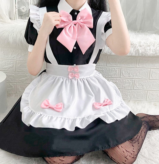 Cute Japanese Cosplay Black Maid Outfit Dress with Pink Bow