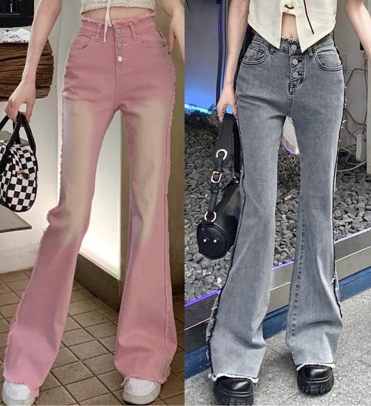 Light Pink Gray High Waist Retro Fashion Girl Women Denim Wide Leg Pants Jeans