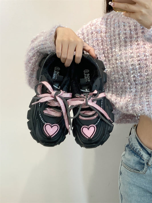 Kawaii Cute Black Pink Heart Y2K Thick Soles Black Sporty Sneakers Running Shoes