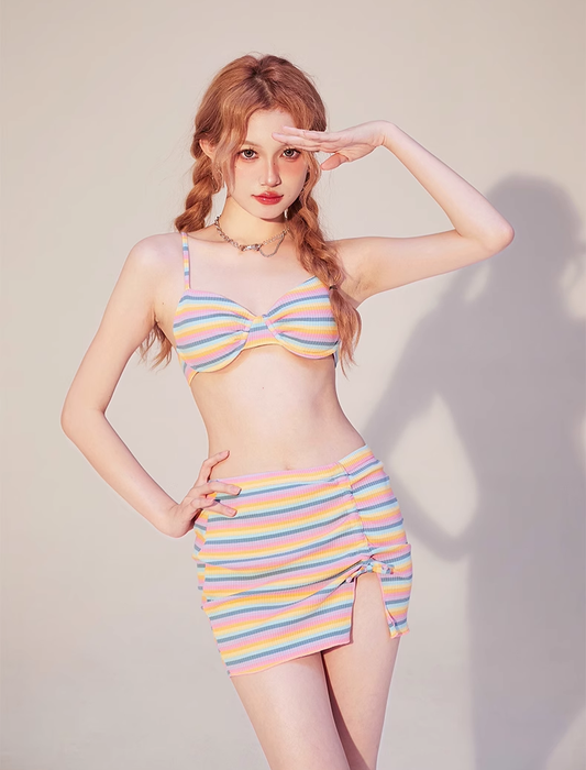Rainbow Striped Pattern Pink Yellow Blue Cute Sexy Women Strap Summer Two Piece Bikinis Skirt Swimsuit