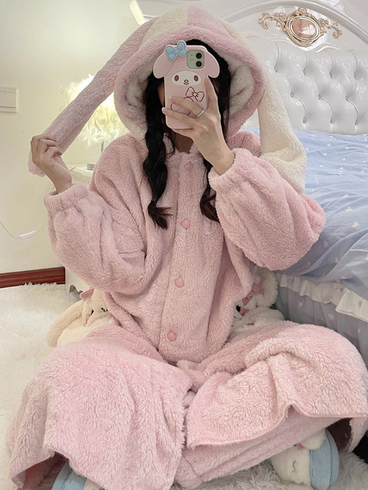 Lop Ear Bunny Rabbit Pink Cute Cartoon Women Girl Thick Plush Coral Fleece Warm Winter Pajamas Sleepwear Hooded Nightgown Coat & Pants Two Piece Set