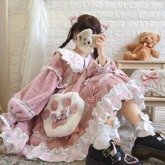 Japanese Winter Warm Plush Thick Paw Print Bow Lace Pink Black White Dress