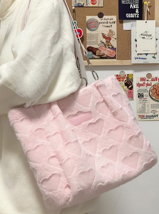 Japanese Cute Plush Love Pastel Pink & White Heart Shaped Messenger Tote Bag
