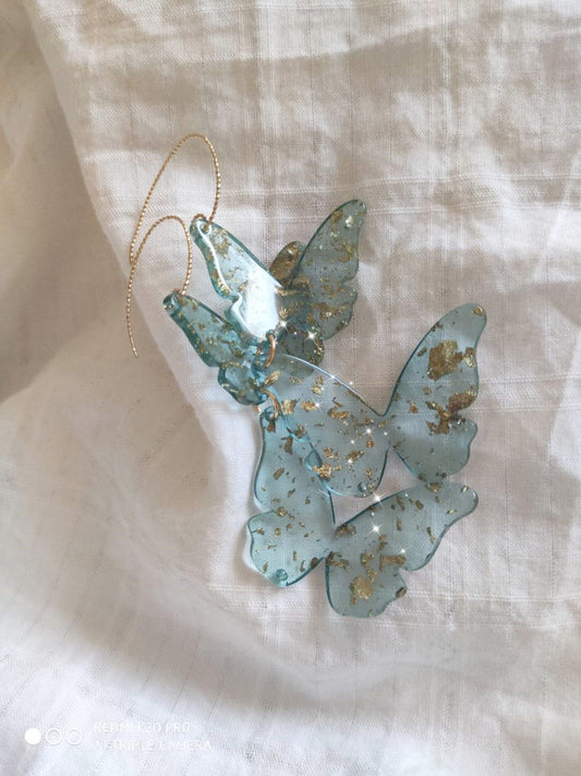 Fantasy Gold Foil Glitter Light Blue Butterfly Long Beautiful Women Earrings Earclips