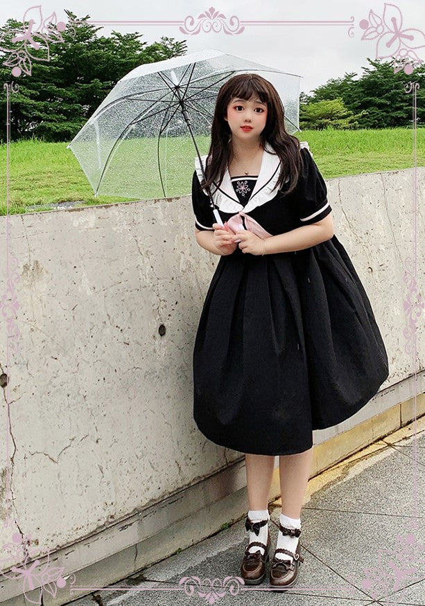 Plus Size Sailor Collar Sakura Bow Black Summer Dress Sugarplum Store Plus Size Sailor Collar Sakura Bow Black Summer Dress Sugarplum Store
