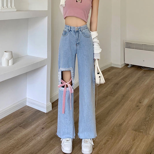 Cute Summer High Waist Pink Bow Ribbon White Lace Denim Pants Jeans