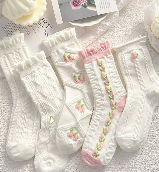 Japanese Girl Cute Autumn Pink Tulip Floral Flower Nature Sweet White Cotton Socks 5 Patterns Pairs Sets