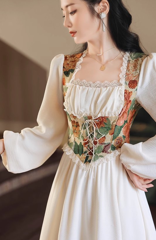 Rococo European Medieval Retro Cottagecore Floral Print Lace Bustier Corset Square Collar Long Dress