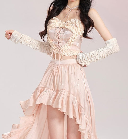 Baroque Coquette Vintage Ballet Dream Lace Top Sleeves Long Skirt Two Piece Set