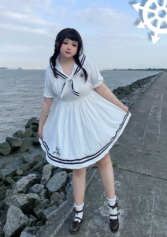 Plus Size Sailor Collar White Navy Blue Summer Dress Shorts Two Piece – Sugarplum Store Plus Size Sailor Collar White Navy Blue Summer Dress Shorts Two Piece – Sugarplum Store
