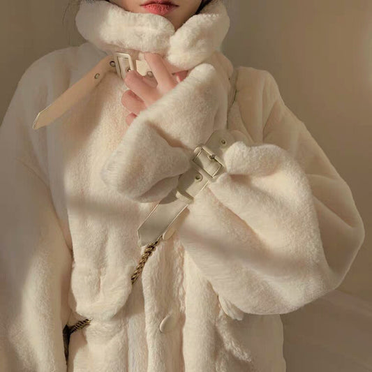 Classic Autumn Winter Women Plush Velvet Buckle Fur Warm Pink White Jacket Coat