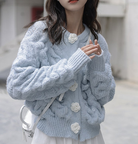Rose Flower Floral Button Knit Cute Elegant Girl Women Loose Sweater Pink Cream Blue Cardigan