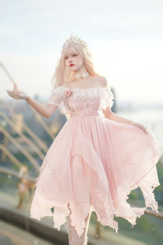 Princess Fairy Fairytale Ruffled Tulle Pearl Rose Lace Soft Sweet Pink Layered Dress