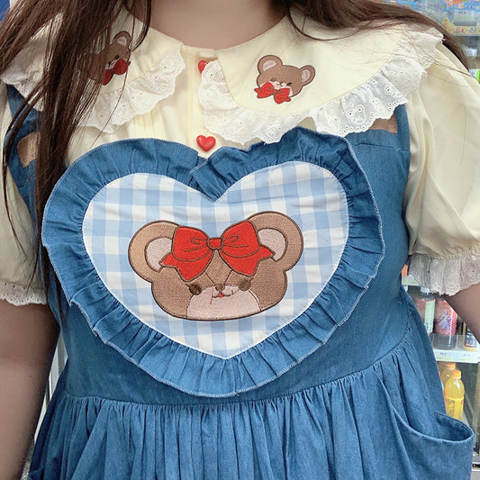 Plus Size Women Cute Teddy Bear Heart Shaped Love Cottagecore Blue Denim Dress & Yellow Shirt Two Piece Set