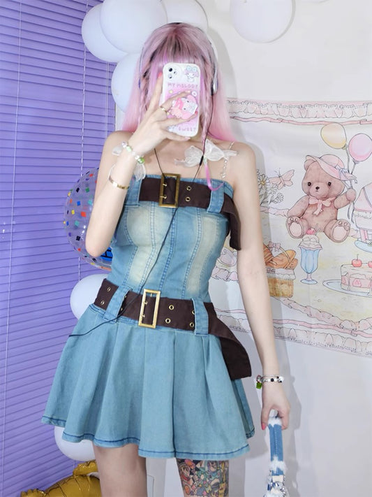 Y2K Denim Jeans Pleated Skirt Dress with Brown Belts Sexy Punk Rock Girl Summer