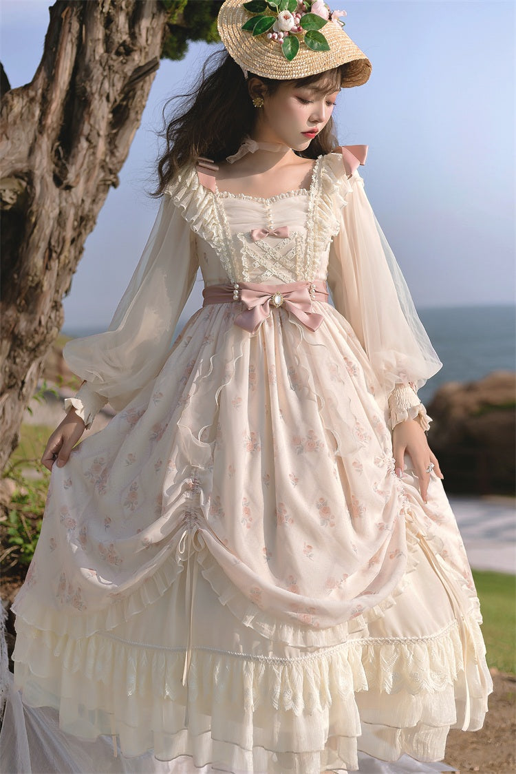 Fairytale Classic Flower Floral Pattern White Cream Pink Dress S Fairytale Classic Flower Floral Pattern White Cream Pink Dress S