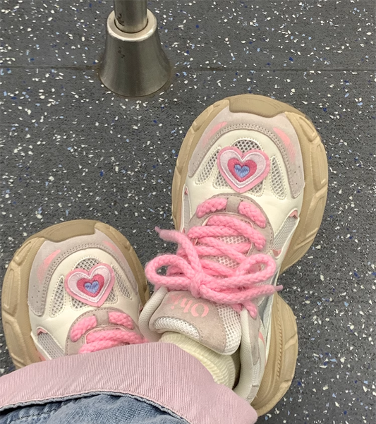 Kawaii Cute Girly Pink Heart Y2K Girl Women Thick Soles White Cream Sporty Sneaker Running Shoes