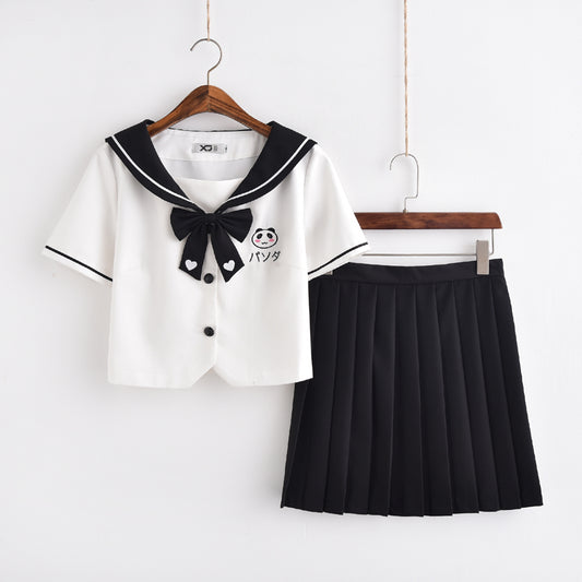 Panda Black White Cute Japanese Student Sailor Uniform Seifuku Shirt Skirt Pockets Set