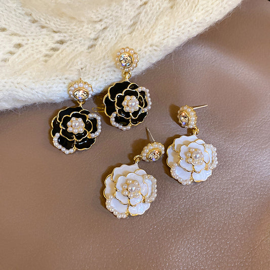 White Black Rose Camellia Flower Pearl Gem Diamond Classic Fairy Tales Princess Jewelry Earrings