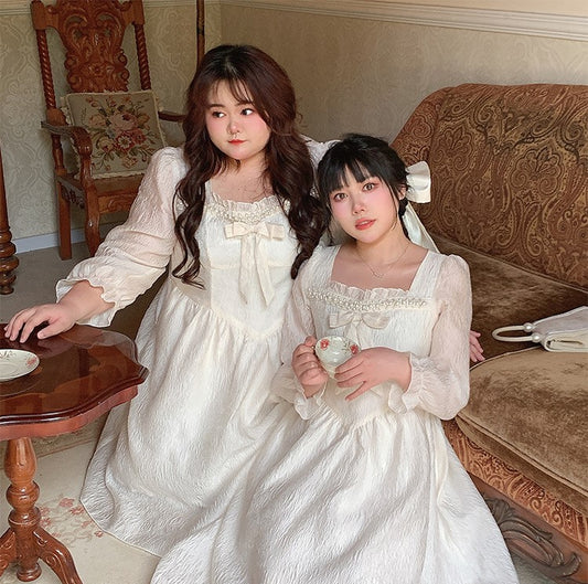 Plus Size Women Fashion Girl European Lace Bow Princess Fairytale White Long Sleeve Dress