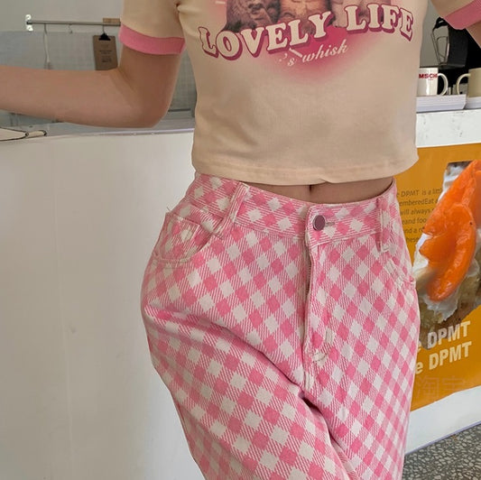 Street Fashion Cool Women Girl Retro Waist Wide Leg Sweet Pink Pattern Pants Trousers Jeans
