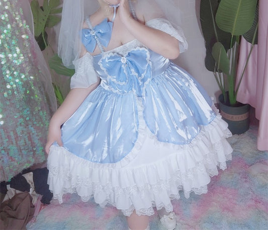 Plus Size Women Sweet ​​Cinderella Blue Elegant Girl Japanese Style Bow Ruffle Layered Bow Off Shoulder Dress