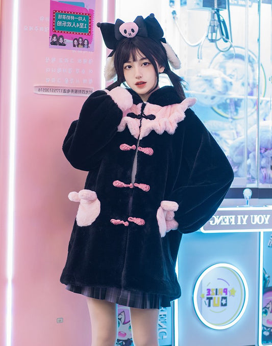 Winter Autumn Collar Wrist Pink Rabbit Bunny Ears Hoodie Tail Black Fluffy Thick Plush Coat