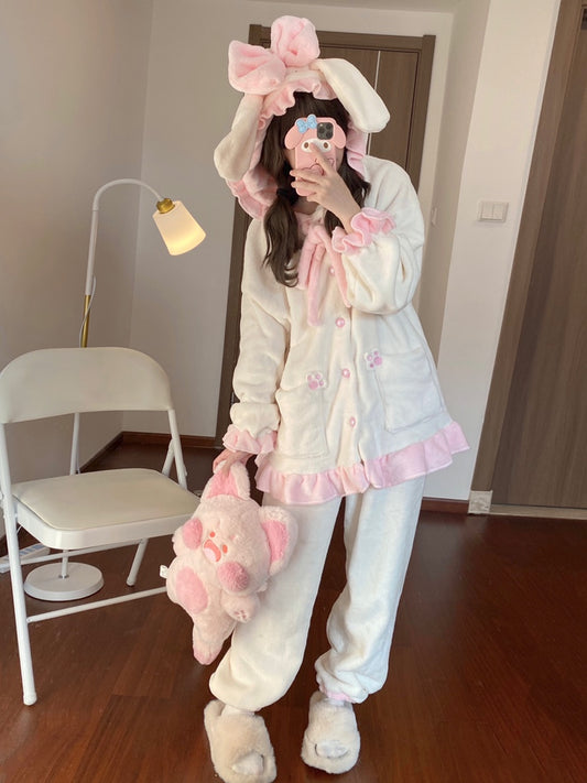 Japanese Cute Girl Women Fashion Fluffy Plush Thick Warm Winter Bunny Rabbit Ears Pink & Blue Long Sleeve Top & Pants Pajamas Sleepwear Two Piece Set