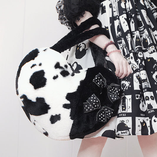 Japanese Fluff Plush Cow Pattern Bow Black White Heart Love Shape Messenger Handbag Bag