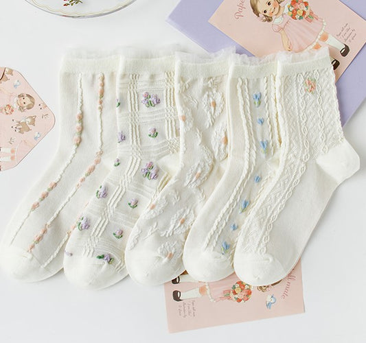 Spring Time Cottagecore Girl Flowers White Cotton Socks 5 Patterns Pairs Sets