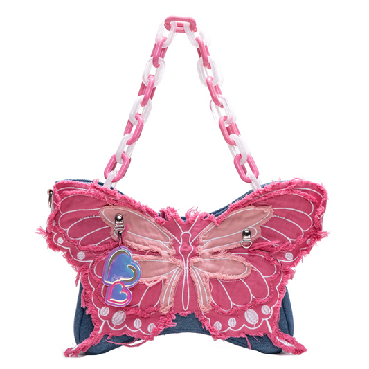 Y2K Pink Butterfly Denim Cute Sweet Chain Handbag Shoulder Messenger Bag