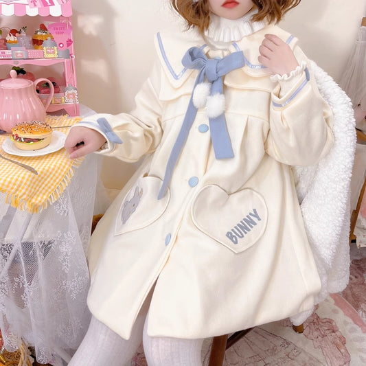 Plus Size Women Autumn Winter Cute Girl Blue Bow Bunny Rabbit Cream White Wool Coat