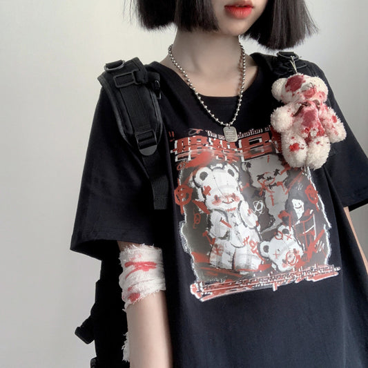Dark Diary Killer Teddy Bear Black Red Streetwear E-girl Grunge Japanese Y2K Print Cotton Short Sleeved Oversize T-shirt Tees Top