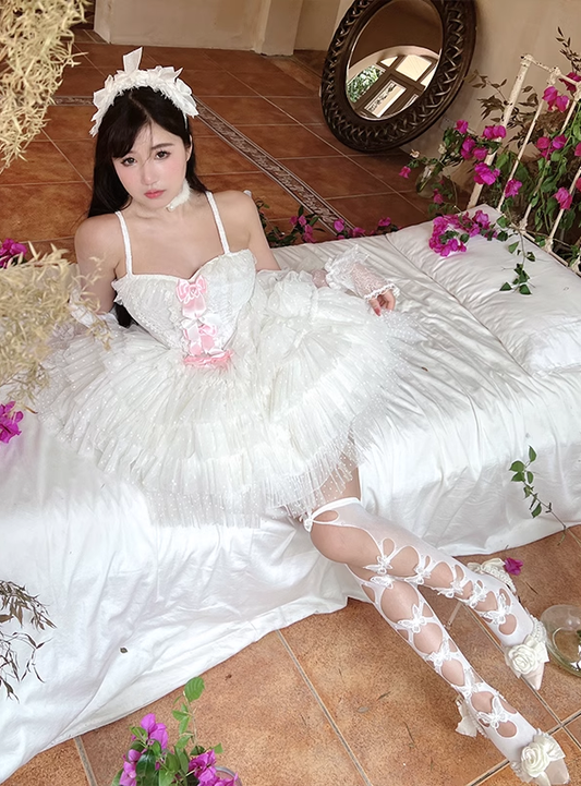 Pure White Swan Angel Pink Bow Coquette Princess Tulle Balletcore Strap Dress