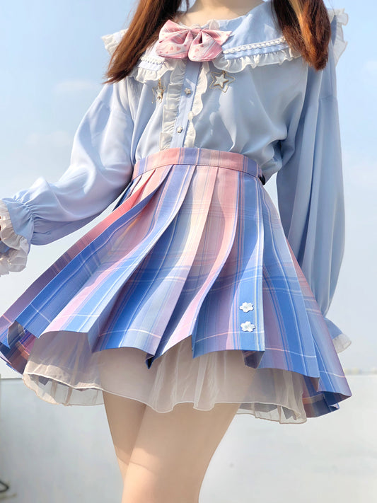 Plus Size Women Japanese Cute Student Kawaii Sakura Cherry Blossoms Plaid Pattern Pink Blue Gradient Short Mini Skirt