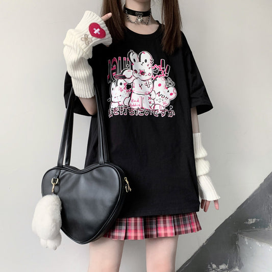 Don't Hit the Bunny Rabbit Black White Streetwear E-girl Grunge Japanese Y2K Print Cotton Short Sleeved Oversize T-shirt Tees Top