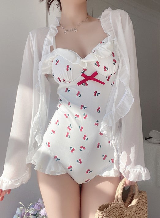 Cute Cherry Red White Bow Women Strap Summer One Piece Swimsuit