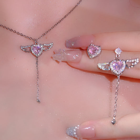 Angelic Luxury Girl Moving Wings Pink Diamond Heart Gift Earrings Necklaces Pendants Set