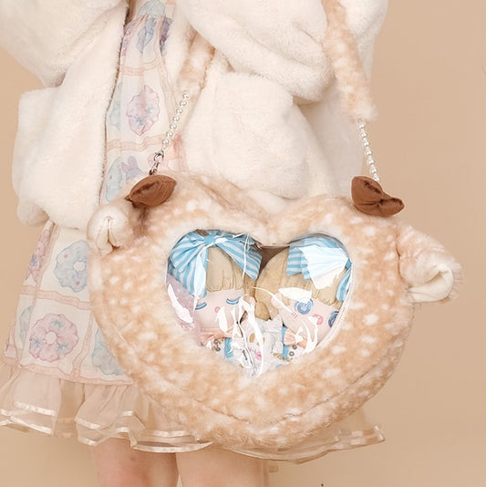 Kawaii Cute Girl Soft Plush Deer Fawn Heart Cartoon Shoulder Messenger Bag