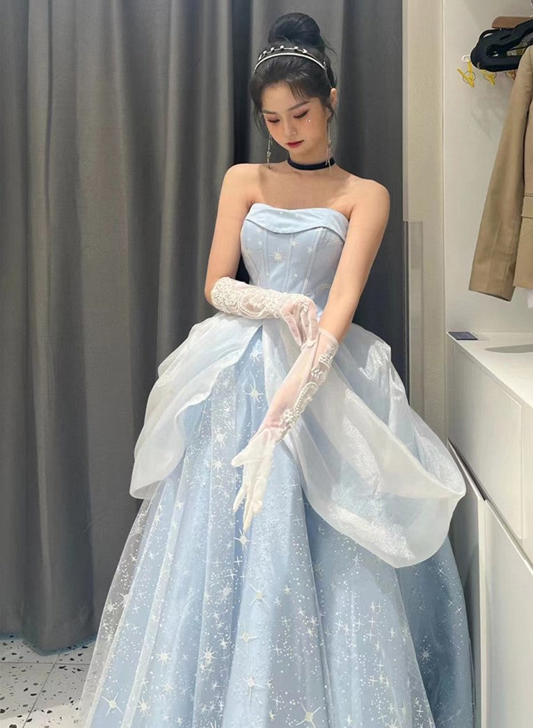Midnight Cinderella Prom Evening Party Elegant Blue Gown Princess Fairy Puff Sleeve Tube Dress S Midnight Cinderella Prom Evening Party Elegant Blue Gown Princess Fairy Puff Sleeve Tube Dress S