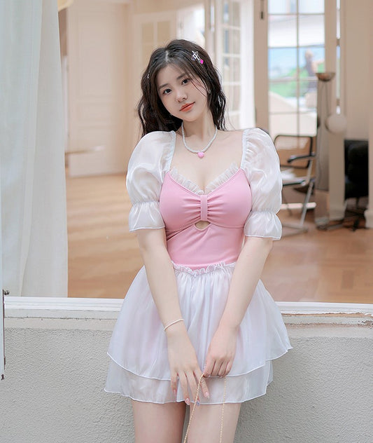 Plus Size Women Korean Style Cute Sweet Pink White Puff Sleeve Dress Summer One Piece Swimsuit