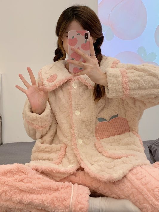 Pink Peach Cute Girl Plush Coral Fleece Warm Winter Pajamas Sleepwear Long Sleeve Tops & Pants Two Piece