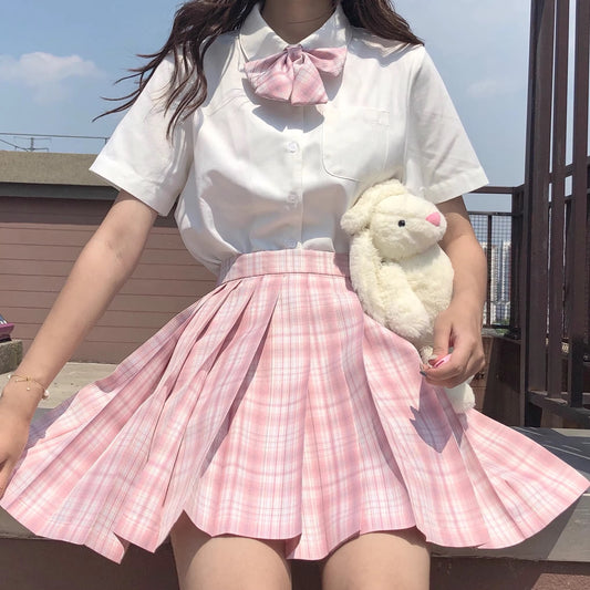 Plaid Pink Cherry Blossom Sakura Sweet Cute Japanese Student Sailor Uniform Seifuku White Shirt & Skirt & Bow Tie Set
