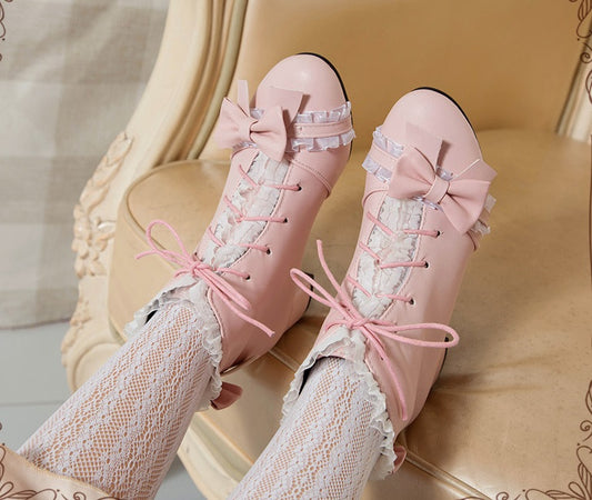 Japanese Sweet Princess Fairy Girl Bow Lace White Cream Pink High Heels Boots